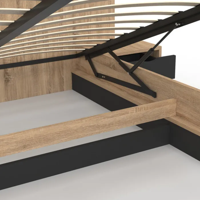 Lit coffre double avec tête de lit + tables de chevet intégrées et sommier 160 x 200 cm bois et noir
