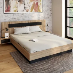 Lit coffre double avec tête de lit + tables de chevet intégrées et sommier 160 x 200 cm bois et noir