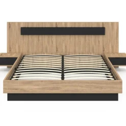 Lit coffre double avec tête de lit + tables de chevet intégrées et sommier 160 x 200 cm bois et noir