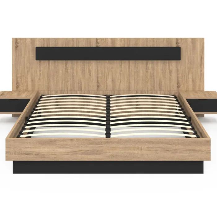 Lit coffre double avec tête de lit + tables de chevet intégrées et sommier 160 x 200 cm bois et noir
