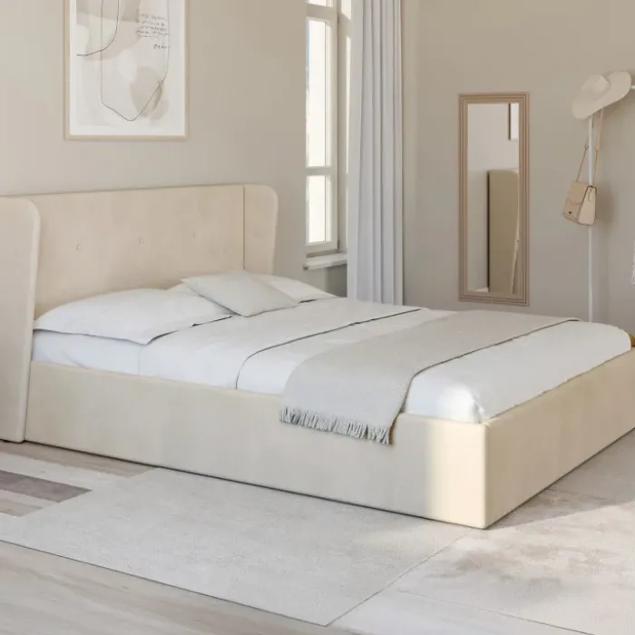 Lit coffre double avec tête de lit enveloppante et sommier 140 x 190 cm velours beige