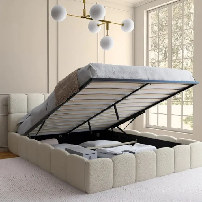 Lit coffre double NUAGE avec tête de lit matelassée et sommier 160 x 200 cm tissu bouclette blanc