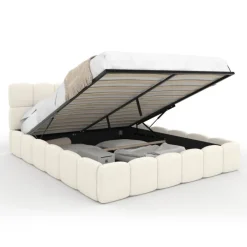 Lit coffre double NUAGE avec tête de lit matelassée et sommier 160 x 200 cm tissu bouclette blanc