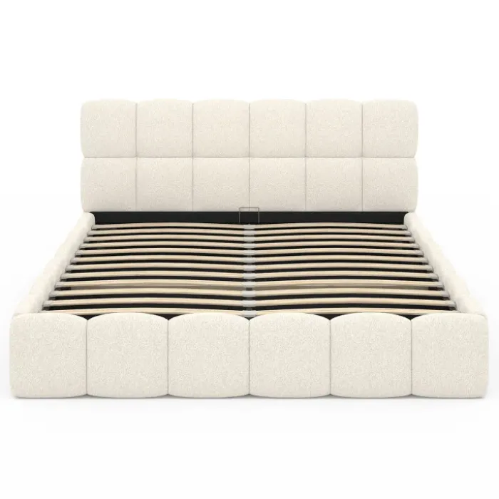 Lit coffre double NUAGE avec tête de lit matelassée et sommier 160 x 200 cm tissu bouclette blanc