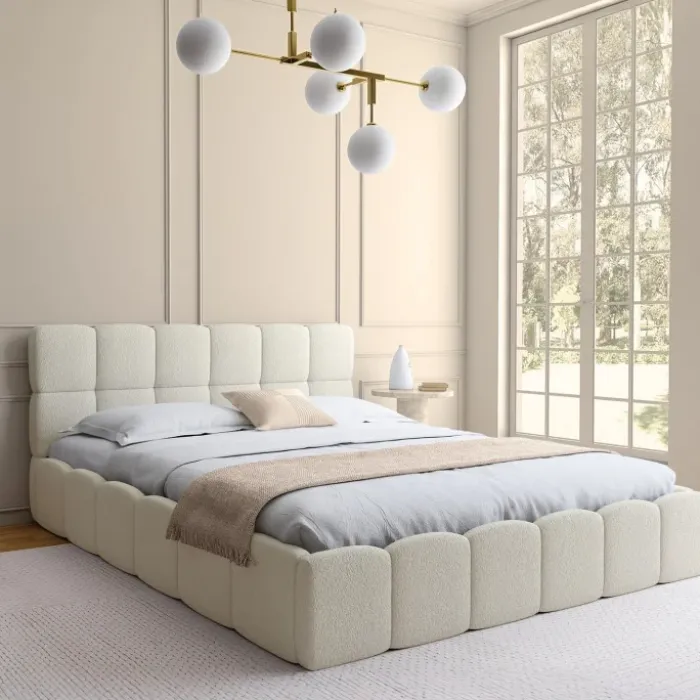 Lit coffre double NUAGE avec tête de lit matelassée et sommier 160 x 200 cm tissu bouclette blanc