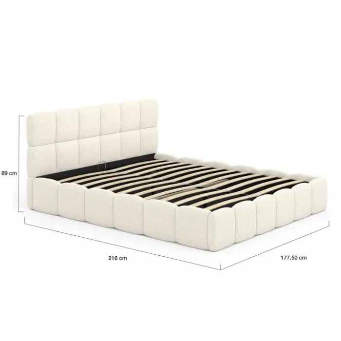 Lit coffre double NUAGE avec tête de lit matelassée et sommier 160 x 200 cm tissu bouclette blanc