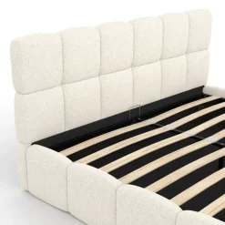 Lit coffre double NUAGE avec tête de lit matelassée et sommier 160 x 200 cm tissu bouclette blanc
