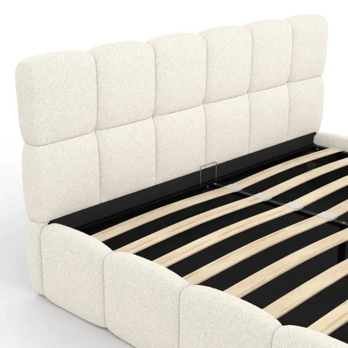 Lit coffre double NUAGE avec tête de lit matelassée et sommier 160 x 200 cm tissu bouclette blanc