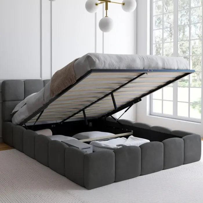 Lit coffre double NUAGE avec tête de lit matelassée et sommier 140 x 190 cm velours gris