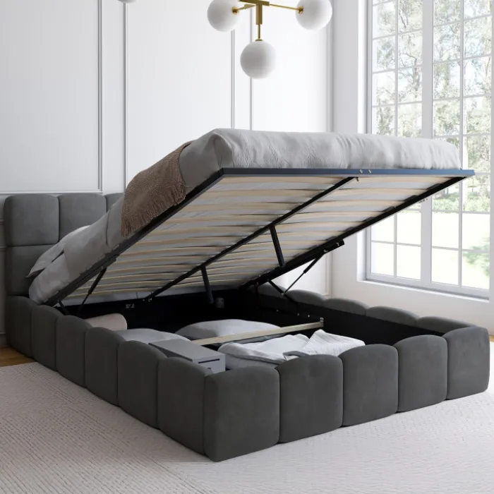 Lit coffre double NUAGE avec tête de lit matelassée et sommier 140 x 190 cm velours gris