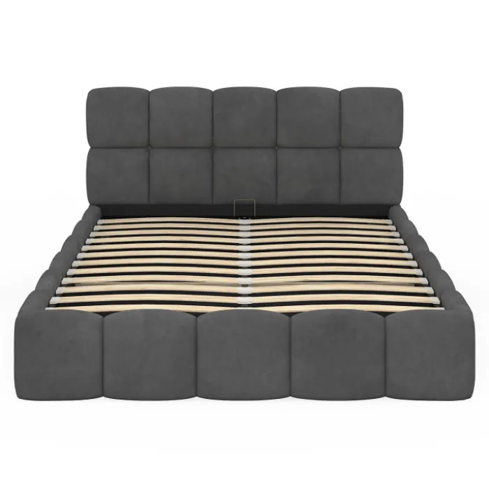 Lit coffre double NUAGE avec tête de lit matelassée et sommier 140 x 190 cm velours gris