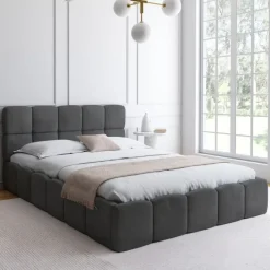 Lit coffre double NUAGE avec tête de lit matelassée et sommier 140 x 190 cm velours gris