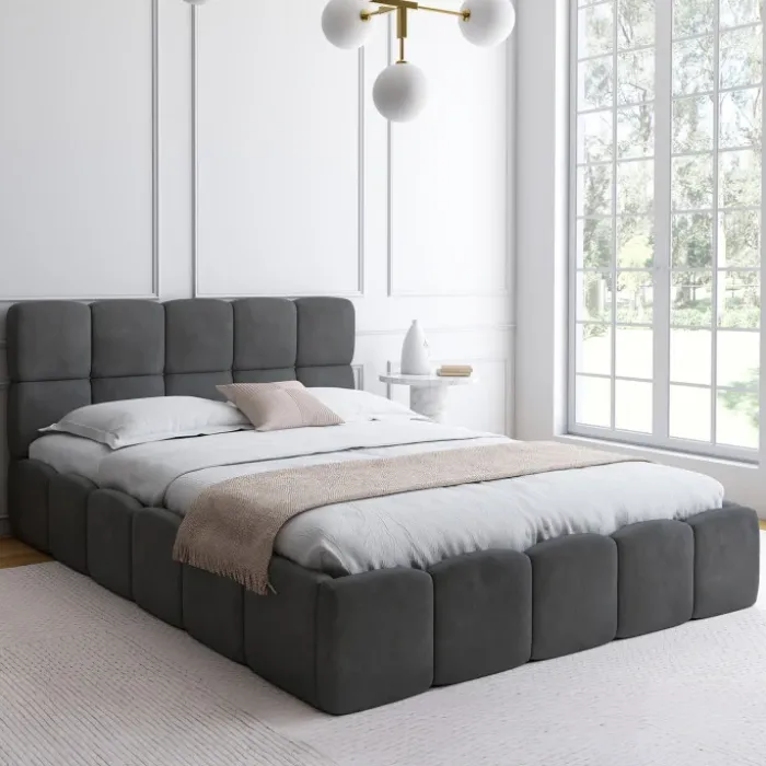 Lit coffre double NUAGE avec tête de lit matelassée et sommier 140 x 190 cm velours gris