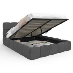 Lit coffre double NUAGE avec tête de lit matelassée et sommier 140 x 190 cm velours gris