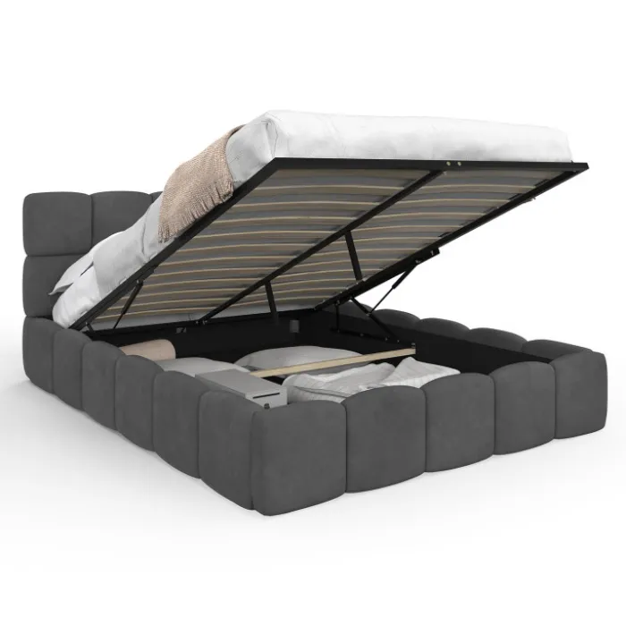 Lit coffre double NUAGE avec tête de lit matelassée et sommier 140 x 190 cm velours gris
