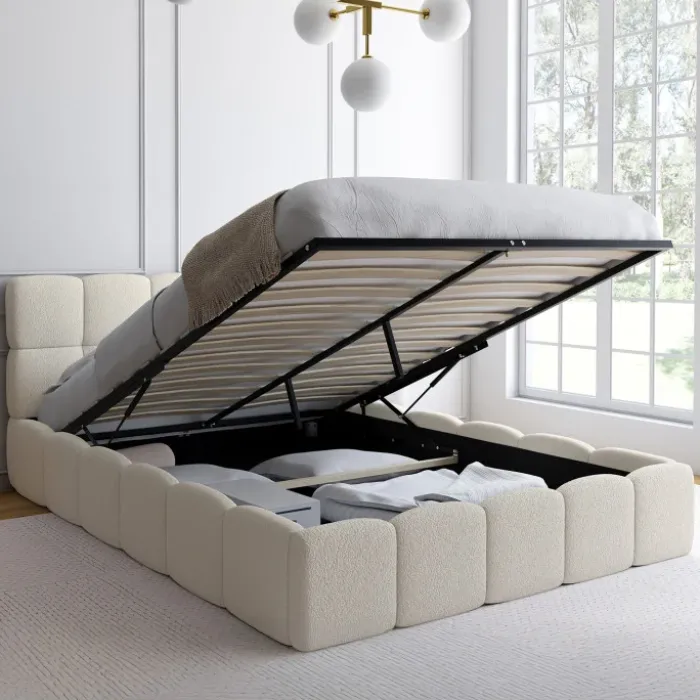 Lit coffre double tissu bouclette avec sommier 140 x 190 cm et tête de lit matelassée blanc
