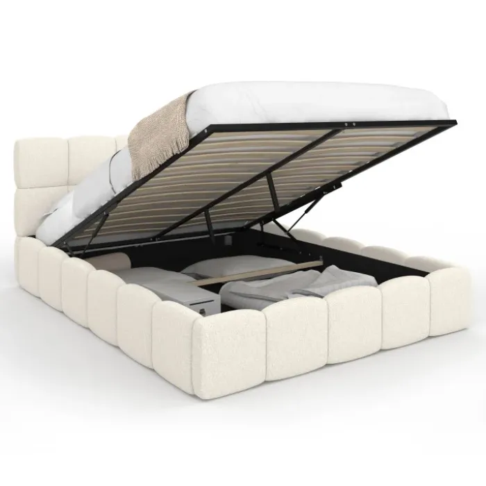 Lit coffre double tissu bouclette avec sommier 140 x 190 cm et tête de lit matelassée blanc
