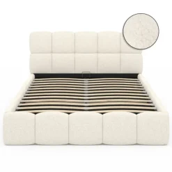 Lit coffre double tissu bouclette avec sommier 140 x 190 cm et tête de lit matelassée blanc