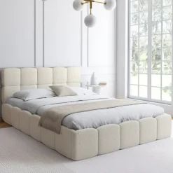 Lit coffre double tissu bouclette avec sommier 140 x 190 cm et tête de lit matelassée blanc