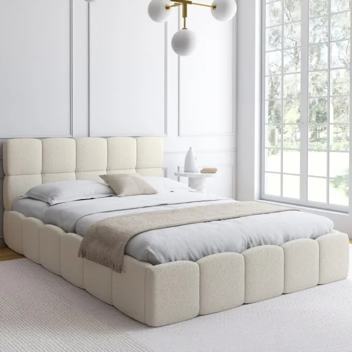 Lit coffre double tissu bouclette avec sommier 140 x 190 cm et tête de lit matelassée blanc