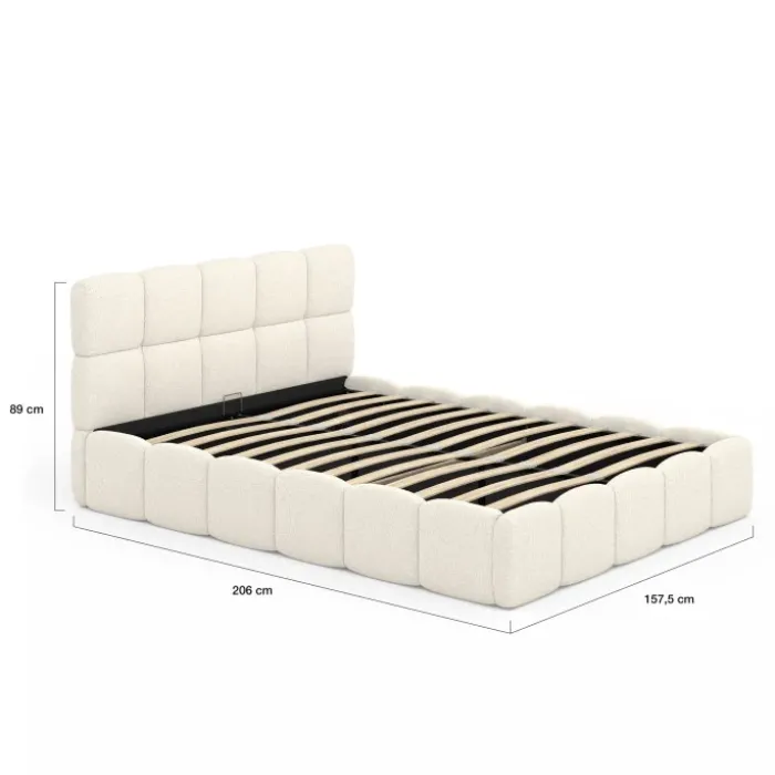 Lit coffre double tissu bouclette avec sommier 140 x 190 cm et tête de lit matelassée blanc