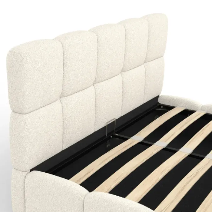 Lit coffre double tissu bouclette avec sommier 140 x 190 cm et tête de lit matelassée blanc