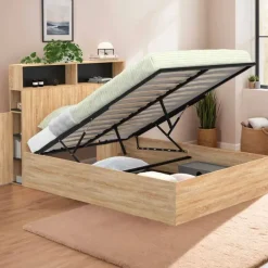 Lit coffre double 140x190 cm avec tête de lit façon hêtre et noir