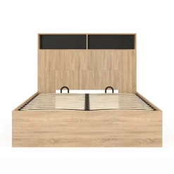 Lit coffre double 140x190 cm avec tête de lit façon hêtre et noir