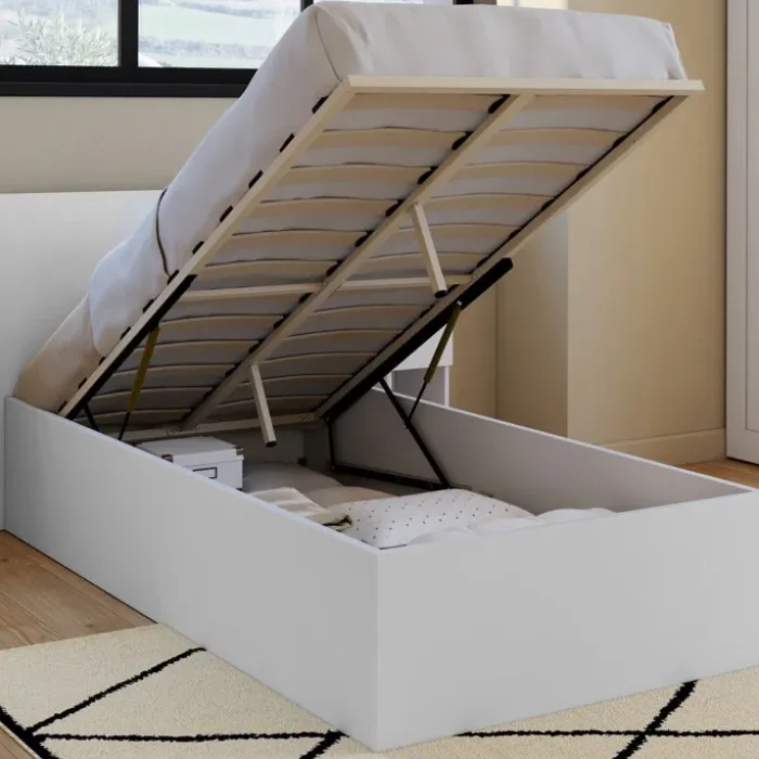 Lit coffre simple avec tête de lit et sommier 90 x 190 cm blanc