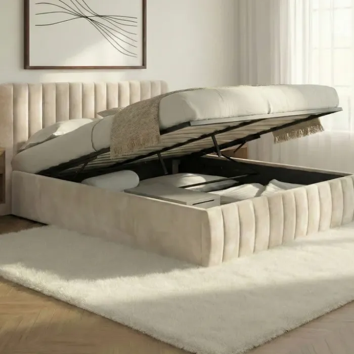 Lit coffre velours beige 140x190 avec sommier et tête de lit
