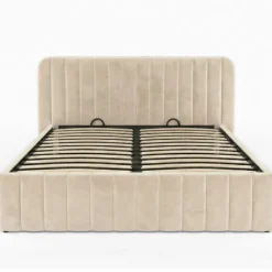 Lit coffre velours beige 140x190 avec sommier et tête de lit