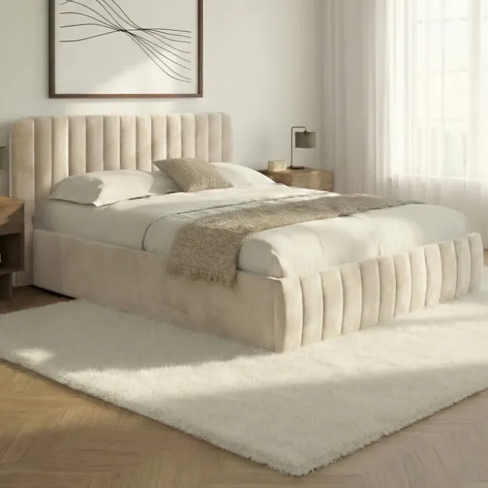 Lit coffre velours beige 140x190 avec sommier et tête de lit