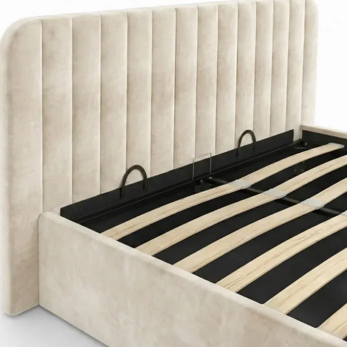 Lit coffre velours beige 140x190 avec sommier et tête de lit