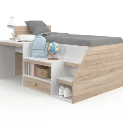 Lit combiné avec sommier, bureau et rangement 90 x 190 cm hêtre et blanc