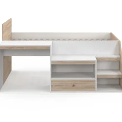Lit combiné avec sommier, bureau et rangement 90 x 190 cm hêtre et blanc