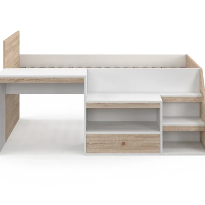 Lit combiné avec sommier, bureau et rangement 90 x 190 cm hêtre et blanc