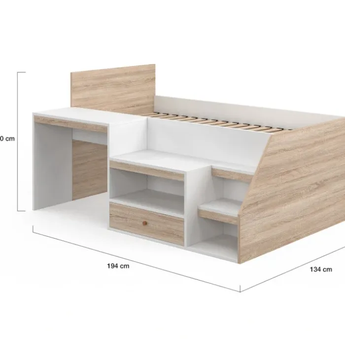 Lit combiné avec sommier, bureau et rangement 90 x 190 cm hêtre et blanc