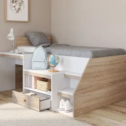 Lit combiné avec sommier, bureau et rangement 90 x 190 cm hêtre et blanc