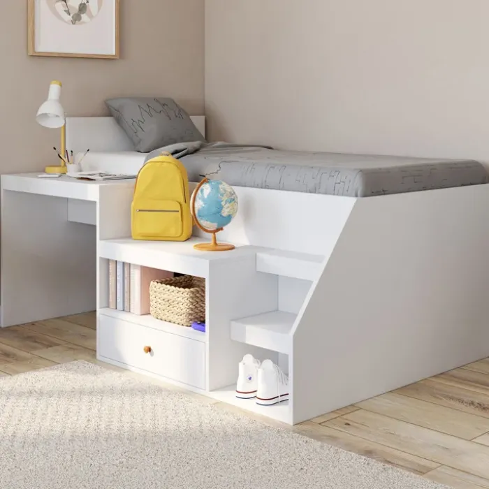 Lit combiné 90x190 cm avec bureau et rangements bois blanc