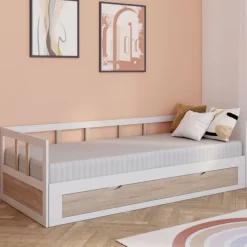 Lit convertible 180 x 190 cm blanc et hêtre
