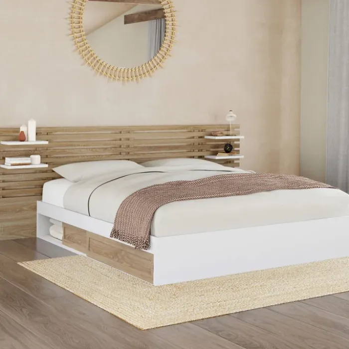 Lit deux places de 160 x 200 cm avec rangements et tablettes de chevet