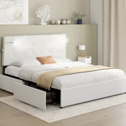 Lit double 140 x 190 avec liseuses et 2 tiroirs sur roulettes