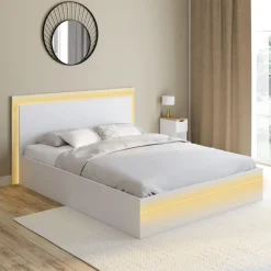 Lit double 140 x 190 cm avec sommier et LED intégrées blanc