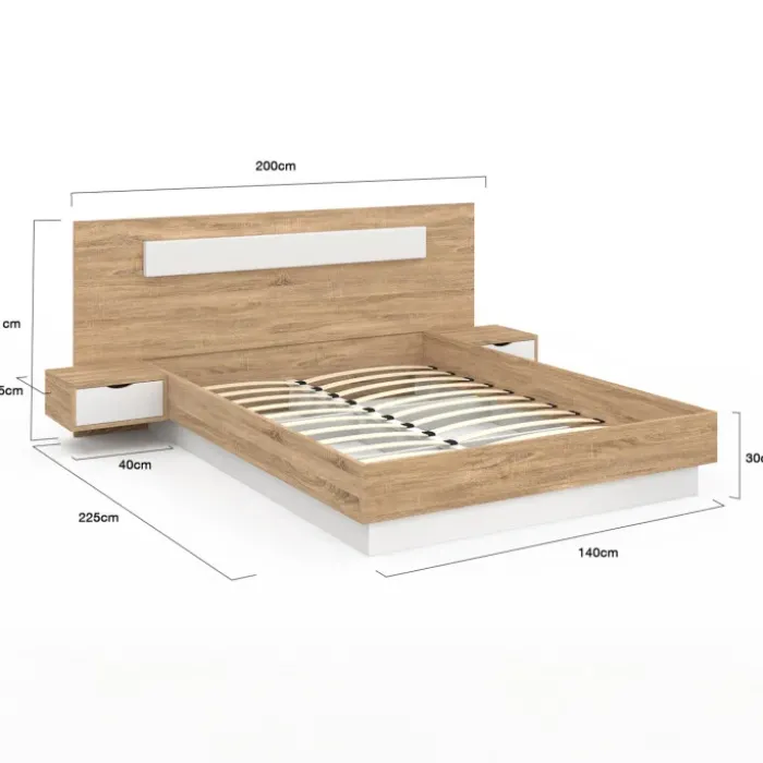 Lit double 140 x 190 cm avec tête de lit et tables de chevet bois et blanc