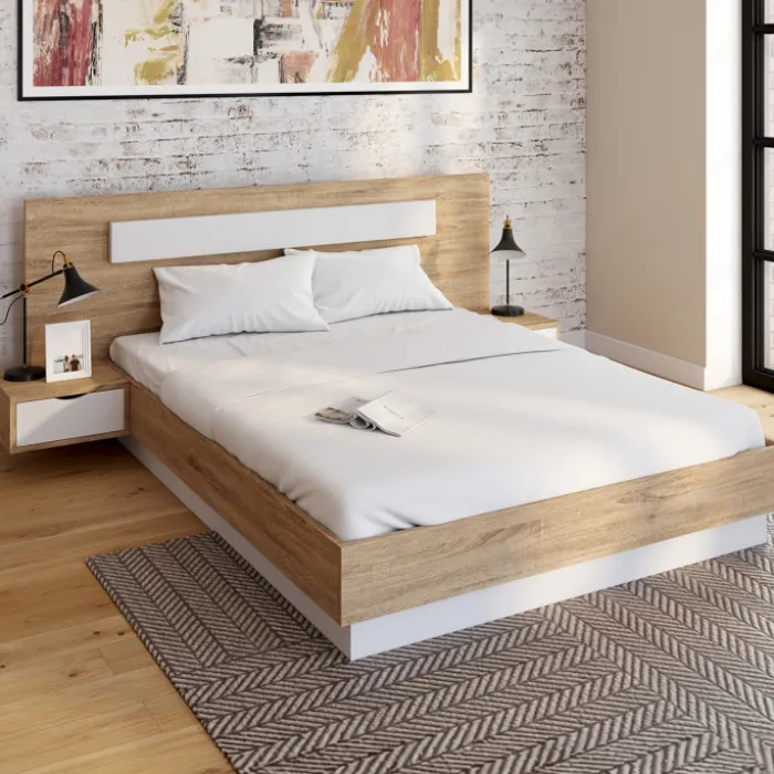 Lit double 140 x 190 cm avec tête de lit et tables de chevet bois et blanc