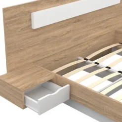 Lit double 140 x 190 cm avec tête de lit et tables de chevet bois et blanc