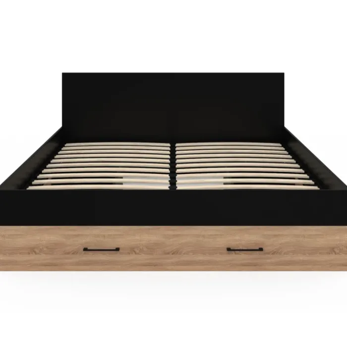 Lit double avec rangement 140x190 cm avec tête de lit hêtre et noir