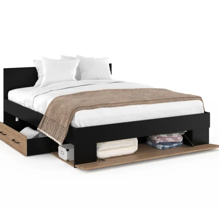 Lit double avec rangement 140x190 cm avec tête de lit hêtre et noir