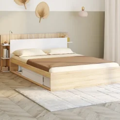 Lit double avec rangements, sommier et tête de lit 140 x 190 cm bois et blanc
