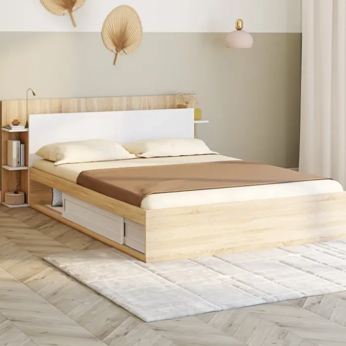 Lit double avec rangements, sommier et tête de lit 140 x 190 cm bois et blanc